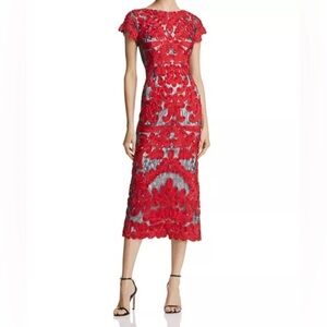 JS Collections Red Navy Mixed Lace Two-Tone Sou Tache Midi Dress